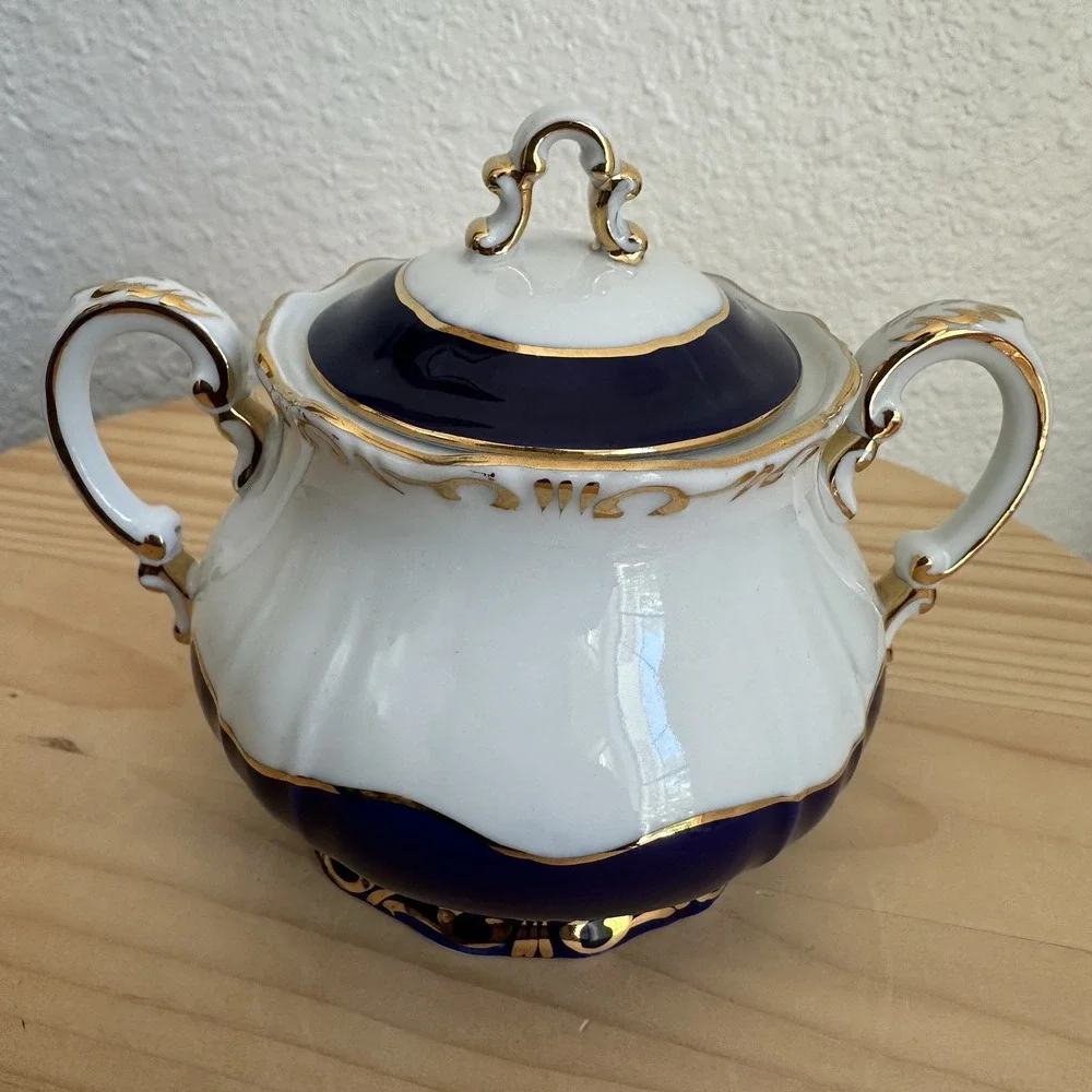 Zsolnay Hungary Pompadour III‎ Demitasse Sugar Bowl 4.25 Inch Blue 18kt Gilded